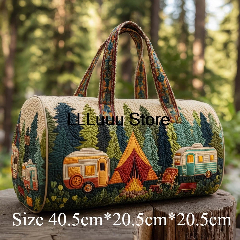 Handmade Quilted Travel Bag Vintage Artistic Camper Nature Duffle Bag Boho Weekender Tote Men Women Camping Hiking Road Trip