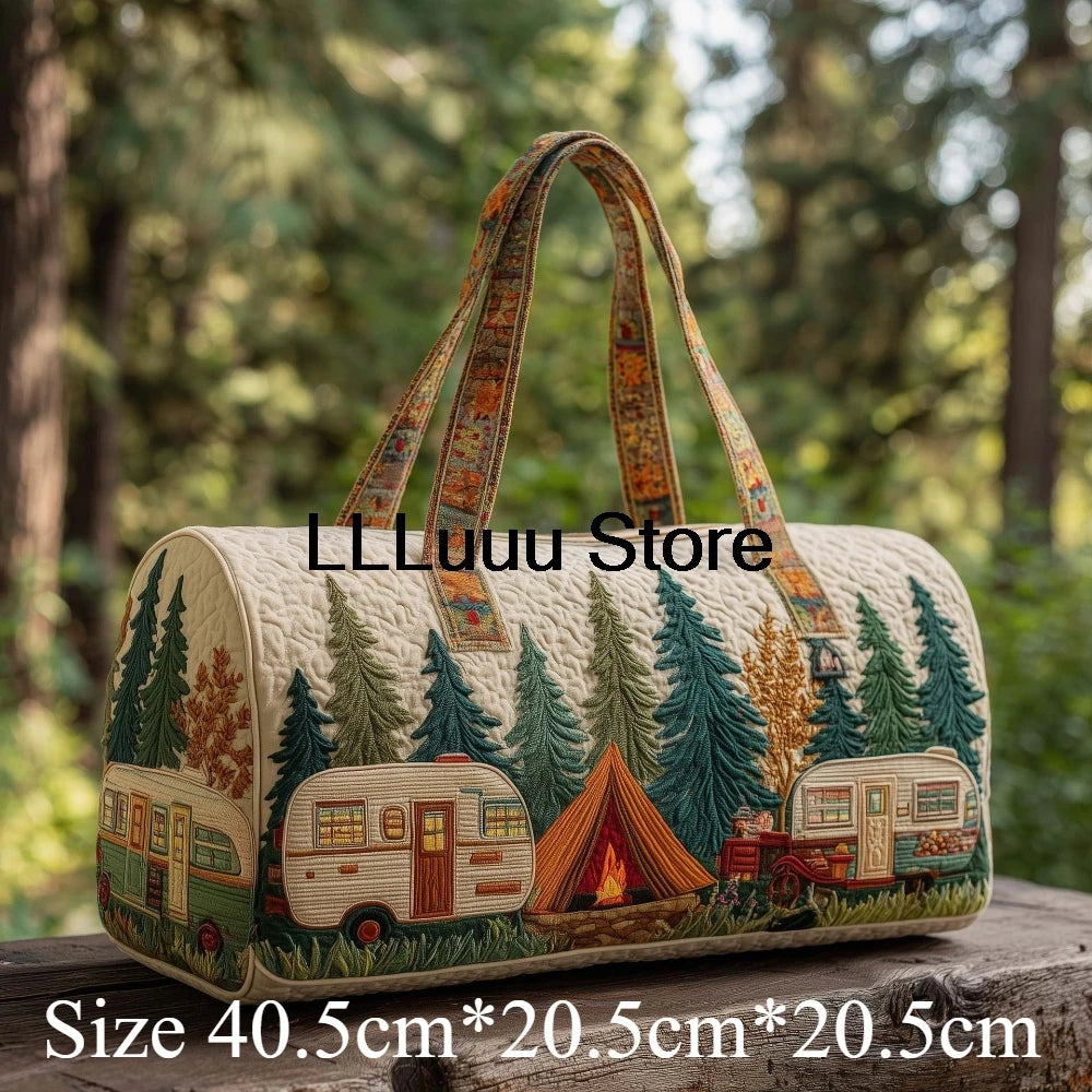 Handmade Quilted Travel Bag Vintage Artistic Camper Nature Duffle Bag Boho Weekender Tote Men Women Camping Hiking Road Trip