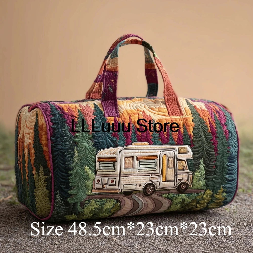 Handmade Quilted Travel Bag Vintage Artistic Camper Nature Duffle Bag Boho Weekender Tote Men Women Camping Hiking Road Trip