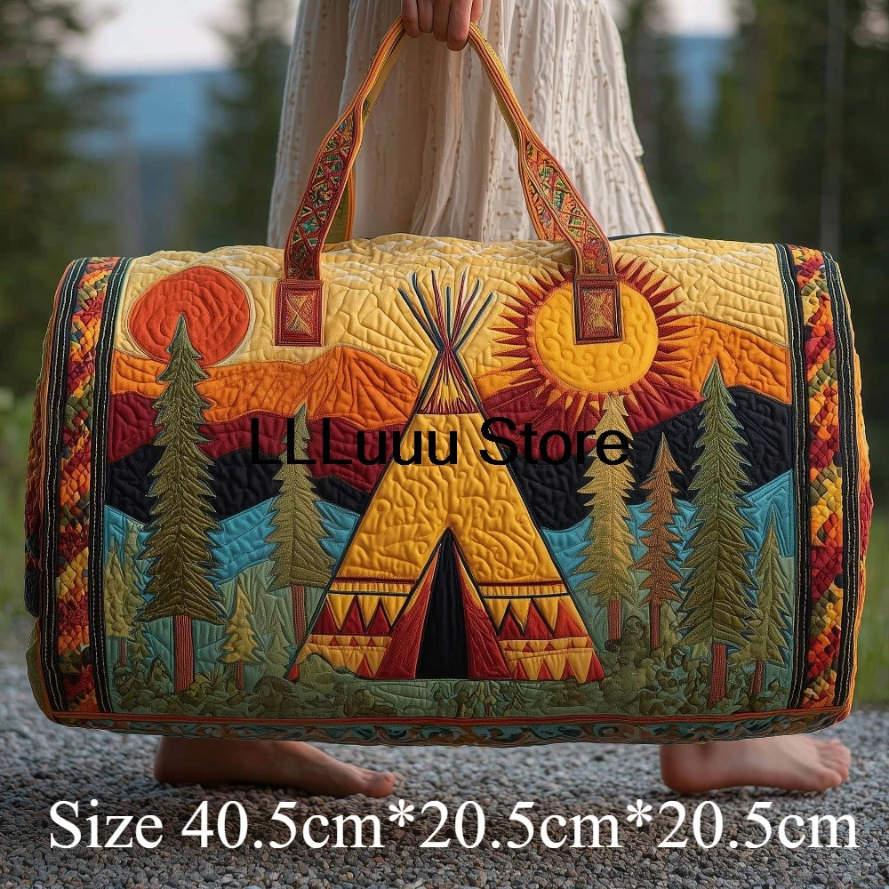 Handmade Quilted Travel Bag Vintage Artistic Camper Nature Duffle Bag Boho Weekender Tote Men Women Camping Hiking Road Trip