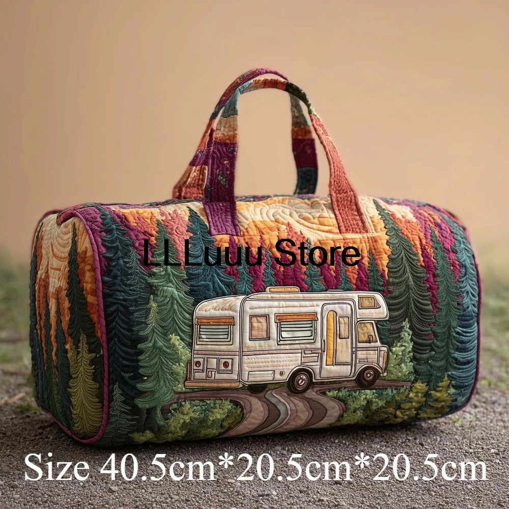 Handmade Quilted Travel Bag Vintage Artistic Camper Nature Duffle Bag Boho Weekender Tote Men Women Camping Hiking Road Trip