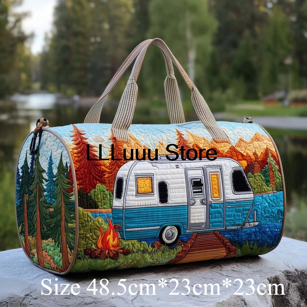 Handmade Quilted Travel Bag Vintage Artistic Camper Nature Duffle Bag Boho Weekender Tote Men Women Camping Hiking Road Trip
