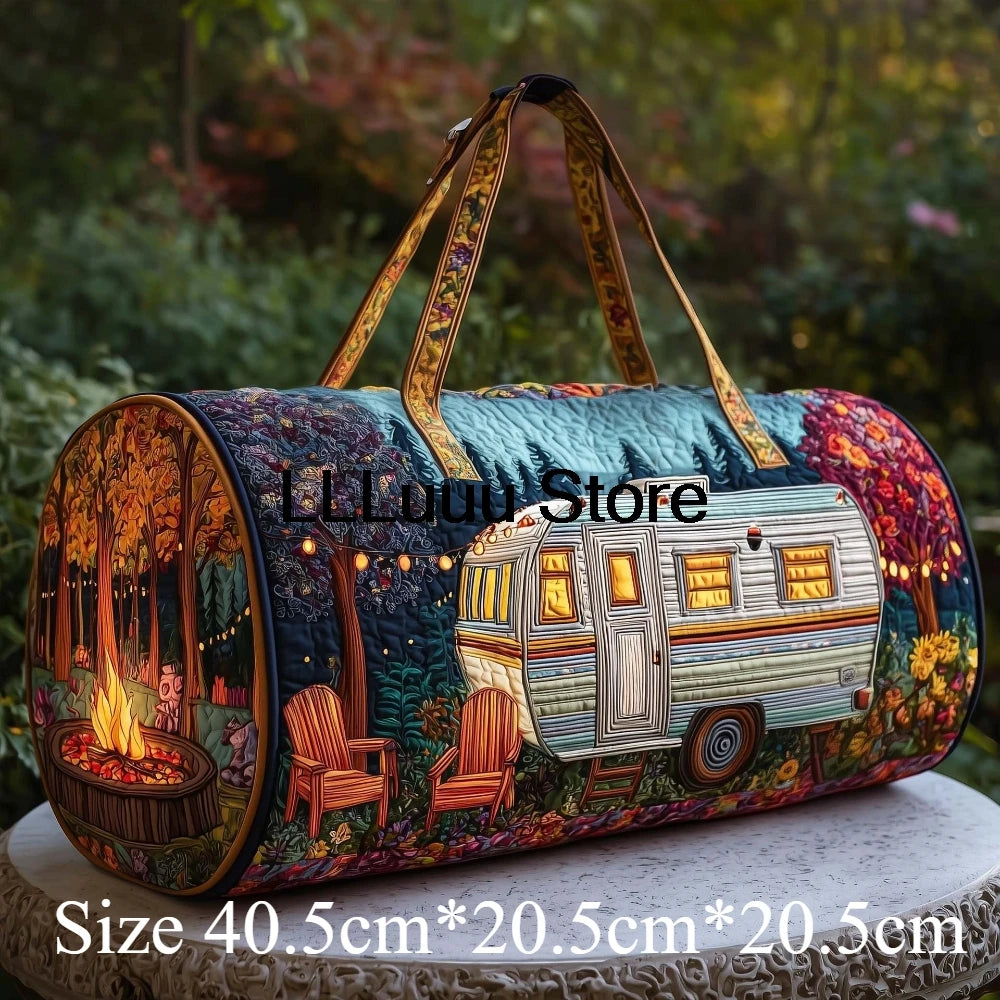 Handmade Quilted Travel Bag Vintage Artistic Camper Nature Duffle Bag Boho Weekender Tote Men Women Camping Hiking Road Trip