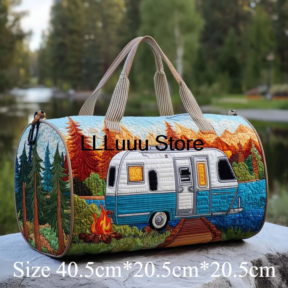 Handmade Quilted Travel Bag Vintage Artistic Camper Nature Duffle Bag Boho Weekender Tote Men Women Camping Hiking Road Trip