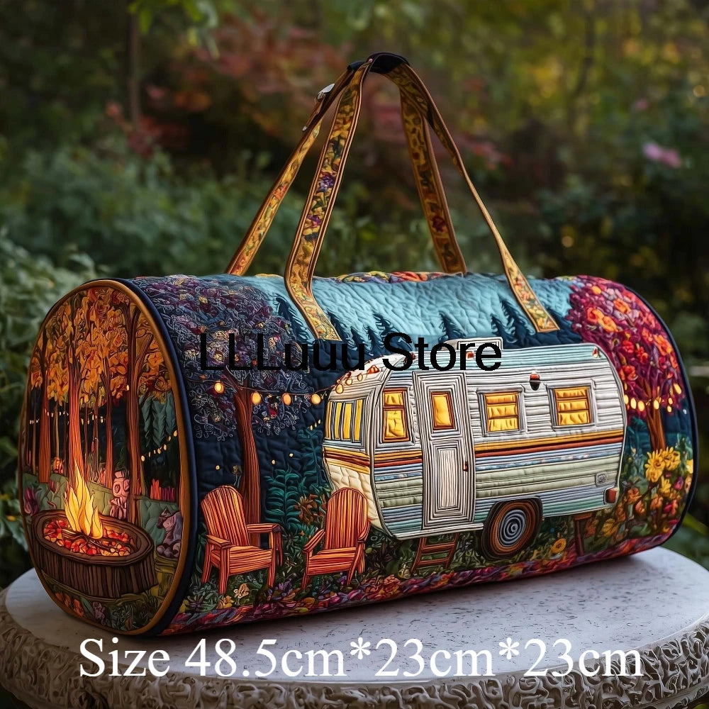 Handmade Quilted Travel Bag Vintage Artistic Camper Nature Duffle Bag Boho Weekender Tote Men Women Camping Hiking Road Trip