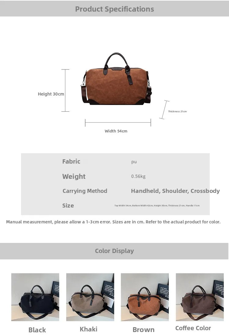 Large Capacity Suede Travel Bag Fashionable Retro Lightweight Handheld Luggage Bag for Short Business Trips Storage Boarding Bag